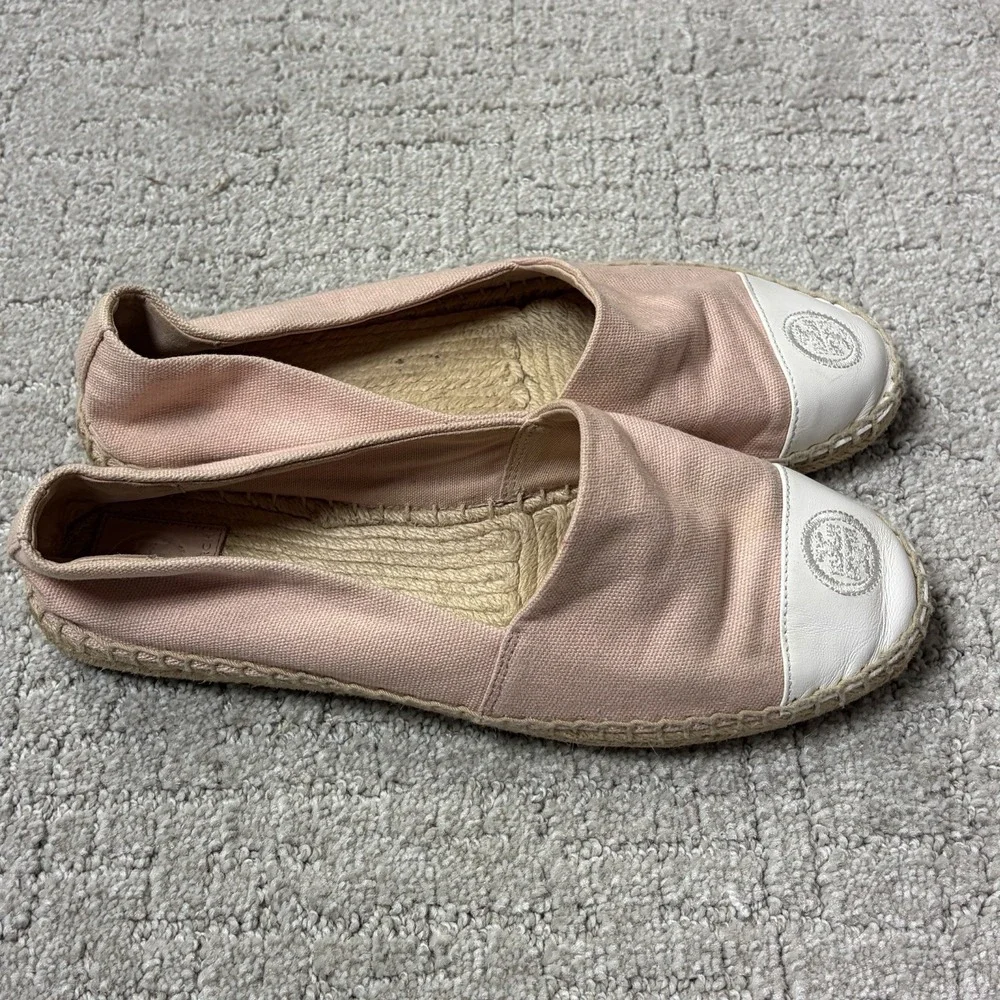 Tory Burch Pink White Colorblock Canvas Espadrille Slip On Logo Flats Size 8.5